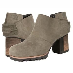 Sorel Addington Strap Grey Leather Chunky Block Heel Ankle Booties Size 7.5